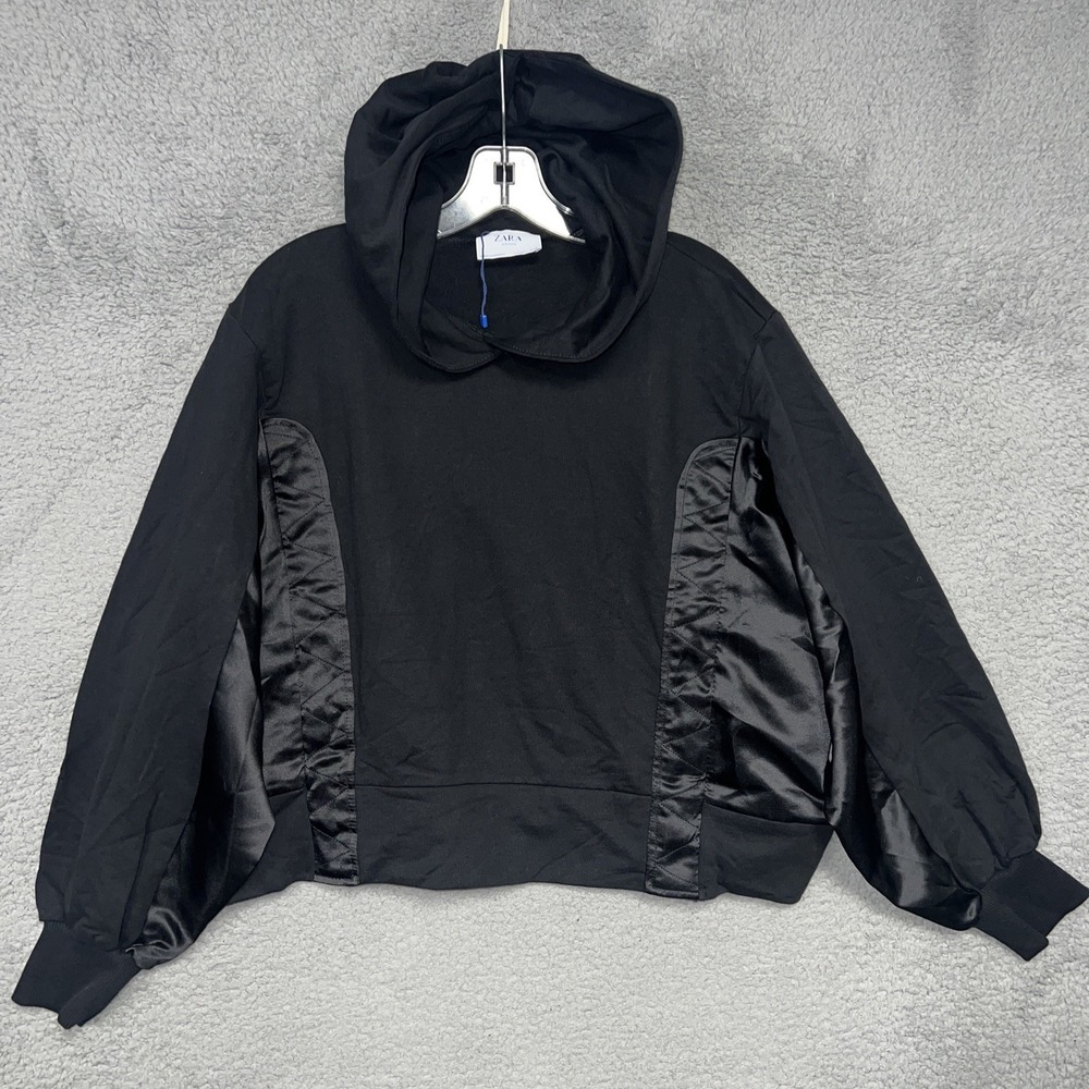Zara‎ Hoodie Women's Size S Black Cropped Shiny Side Pullover Sweatshirt